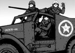 anthro clothing coat dithering gesture group m2_browning m2hb m3_scout_car military military_helmet sitting topwear trio vehicle waving world_war_2 hladilnik daniel_(hladilnik) peggy_patterson samantha_thott canid canine canis domestic_dog mammal wolf 2022 greyscale hi_res monochrome