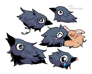 ambiguous_focus ambiguous_gender beak black_beak black_body black_feathers bodily_fluids crying duo feathers feet fur grey_body grey_eyes grey_feathers looking_at_viewer looking_away multiple_expressions pupils simple_background solo_focus talons tan_body tan_fur tears toes tongue tongue_out white_background white_pupils oke_neverw4ke deltarune hollow_knight:_silksong hollow_knight_(franchise) team_cherry undertale_(series) avian flea_(hollow_knight:_silksong) kawkaw_(deltarune)