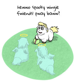 ambiguous_feral ambiguous_gender baby_talk ball blonde_hair blue_body dialogue feral fur grass group hair halo hooves plant standing tail text trio white_body white_fur yellow_tail young young_ambiguous young_feral carpdime fluffy_pony fluffy_pony_(species) ghost mammal spirit digital_media_(artwork) english_text