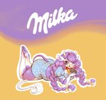 anthro big_butt bottomwear braided_hair breasts butt candy chocolate clothed clothing collar cowbell dessert female food hair hooves horn looking_at_viewer lying on_front shorts slightly_chubby slightly_chubby_female solo tail tail_tuft text thick_thighs tuft holivi milka lila_(milka) bovid bovine mammal absurd_res hi_res