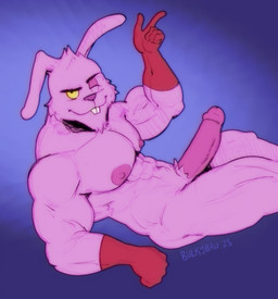 abs anthro biceps big_muscles big_pecs big_penis buckteeth butt clothing erection fur genitals gesture glans gloves hand_gesture handwear humanoid_genitalia humanoid_penis looking_at_viewer lying male muscular muscular_anthro muscular_male nipples on_back one_eye_closed pecs penis pointing purple_body purple_fur quads simple_background smile solo teeth thick_thighs triceps wink winking_at_viewer yellow_sclera bulkybro masters_of_the_universe mattel plundor lagomorph leporid mammal rabbit 2025 digital_media_(artwork) hi_res