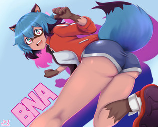 5_fingers anthro black_body black_fur black_hair blue_body blue_eyes blue_fur blue_hair bottomwear brown_body brown_fur butt clothed clothing dolphin_shorts female fingers fluffy fluffy_tail fur hair jacket looking_at_viewer multicolored_body multicolored_eyes multicolored_fur multicolored_hair open_clothing open_jacket open_mouth open_smile open_topwear pink_eyes short_hair shorts smile solo tail text topwear samenoido brand_new_animal studio_trigger michiru_kagemori canid canine mammal raccoon_dog tanuki 2020 english_text