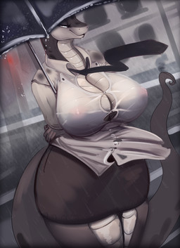 5_fingers anthro areola arm_under_breasts big_breasts bottomwear breasts brown_body brown_scales button_(fastener) cleavage clothed clothing collared_shirt countershade_face countershade_legs countershade_torso countershading curvy_figure dress_shirt eyelashes female female_anthro fingers furgonomics huge_breasts long_neck narrowed_eyes necktie nipples non-mammal_breasts outside raining scales shirt skirt smile solo standing street tail tail_through_skirt thick_thighs topwear umbrella ventral_scales voluptuous wet wet_clothing wet_shirt wet_topwear wide_hips derangedrake reptile scalie snake 2021 hi_res portrait three-quarter_portrait