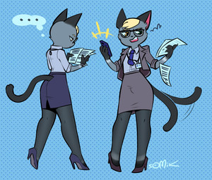 annoyed anthro black_body black_fur blonde_hair blue_clothing blue_shirt blue_topwear bottomwear bulge claws clock clothed clothing collared_shirt crossdressing crossdressing_male cute_fangs dotted_background dress_shirt ellipsis fangs femboy finger_claws footwear fur furgonomics green_pupils grey_body grey_bottomwear grey_claws grey_clothing grey_fur grey_jacket grey_skirt grey_topwear hair heterochromia high_heels holding_object holding_paper jacket leg_markings legwear looking_down male markings motion_lines multiple_poses office_clothing pantyhose paper pattern_background pink_inner_ear pose pupils purple_clothing purple_footwear purple_high_heels purple_shoes shirt shoes simple_background skirt socks_(marking) solo tail tail_motion tail_through_skirt tailwag teeth thought_bubble topwear watch wristwatch yellow_eyes somik animal_crossing nintendo raymond_(animal_crossing) domestic_cat felid feline felis mammal 2022 digital_media_(artwork) hi_res