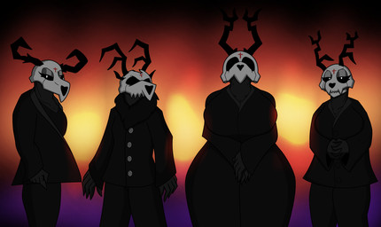 anthro antlers big_breasts bone breasts clothed clothing female group horn male skull skull_head thick_thighs enderbendr american_mythology indigenous_north_american_mythology korn mythology north_american_mythology aurora_(endrslendr) delilah_(endrslendr) keyara_(endrslendr) kierian_(endrslendr) mammal monster wendigo hi_res