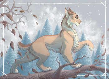 brown_body brown_fur cheek_tuft chest_tuft eyelashes facial_tuft female feral forest fur inner_ear_fluff leaf plant short_tail side_view sky smile snow snowing solo standing tail tan_body tan_fur tree tuft whisker_spots white_eyes yellow_sclera omega_lioness felid feline lynx mammal 2025 colored digital_drawing_(artwork) digital_media_(artwork) full-length_portrait hi_res portrait shaded