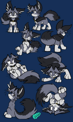 ambiguous_gender black_cape black_clothing black_eyes black_nose black_text cape cheek_tuft chest_tuft clenched_teeth closed_smile clothing eyebrows facial_tuft feral fluffy fluffy_tail front_view fur grey_body grey_fur grey_hair hair half-closed_eyes inner_ear_fluff looking_back lying mouth_closed narrowed_eyes on_back on_ground open_mouth open_smile pawpads paws pose quadruped rear_view side_view sitting smile solo tail teeth text tuft white_body white_fur white_sclera virmir virmir_(character) canid canine fox mammal 2026 absurd_res alpha_channel english_text hi_res signature male_(lore)