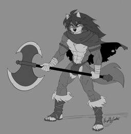 abs anthro arm_wraps armband axe barbarian battle_axe bulge cape clothing feet foot_wraps half-closed_eyes male muscle_tone muscular muscular_anthro muscular_male narrowed_eyes pecs solo thong underwear wraps naughtyjester canid canine canis mammal wolf greyscale hi_res monochrome