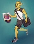 anthro bottomwear brown_eyes clothing fangs footwear fur horn male running shirt shoes shorts shoulder_bag sleeveless_shirt solo teeth topwear vinyl_record yellow_body yellow_fur antonwinnerson dj_strap cervine deer mammal muntjac absurd_res hi_res