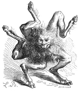 armless cloven_hooves feral hair hooves looking_at_viewer male mane multi_leg multi_limb solo louis_le_breton dictionnaire_infernal mythology the_lesser_key_of_solomon buer bovid caprine demon felid goat hybrid lion mammal pantherine 1863 19th_century ancient_art black_and_white hi_res monochrome signature