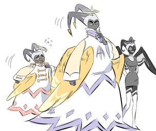 clothed clothing feathered_wings feathers female group halo male mask not_furry simple_background trio white_background wings saja_qeen hazbin_hotel hellaverse abel_(hazbin_hotel) adam_(hazbin_hotel) lute_(hazbin_hotel) angel angel_humanoid humanoid hi_res father_(lore) father_and_child_(lore) father_and_son_(lore) parent_(lore) parent_and_child_(lore) parent_and_son_(lore) son_(lore)