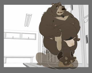 4_toes 5_fingers anthro armpit_hair asian_clothing bodily_fluids body_hair bulge clothed clothing dominant dominant_male duo east_asian_clothing erection feet fingers foot_fetish footwear fundoshi genitals humanoid_genitalia humanoid_penis japanese_clothing legwear locker locker_room looking_down male male/male musk navel nipples obese obese_anthro obese_male overweight overweight_anthro overweight_male pawpads penis pubes socks submissive submissive_male sweat toes topless tower underwear eto1212 bear human mammal