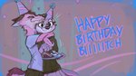 abstract_background anthro cake clothed clothing confetti dessert duo eyes_closed eyewear food fully_clothed fur glasses hat headgear headwear holding_object hoodie hug looking_at_viewer male party_hat plate shirt smile t-shirt text topwear samur_shalem moses_(samur_shalem) otterly_(character) canid canine canis coyote mammal mustelid otter 16:9 2021 digital_media_(artwork) english_text hi_res widescreen