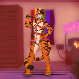 anthro bedroom collar countershading detailed_background flag flag_on_wall genitals harness humanoid_genitalia leash leash_pull lgbt_pride looking_at_viewer male pride_color_flag pride_colors rainbow_flag rainbow_pride_colors rainbow_pride_flag rainbow_symbol six-stripe_rainbow_pride_colors solo saradrawsart felid mammal pantherine tiger 1:1 hi_res