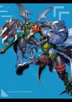 abs armor black_bars blue_background blue_body blue_scales claws collar compound_eyes drill duo gun headgear helmet horn insect_wings male markings mask membrane_(anatomy) membranous_wings midriff ranged_weapon red_eyes scales shoulder_pads simple_background spikes tail text weapon wings tg_marlo bandai_namco digimon mythology arthropod digimon_(species) dinobeemon dragon insect mythological_creature mythological_scalie paildramon scalie 2017 english_text hi_res letterbox