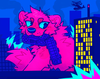 aircraft ambiguous_gender building city eyebrows feral fur helicopter holding_train macro mouth_hold pink_body pink_fur skyscraper snout solo tail teeth train vehicle whisker_spots whiskers jaspering gulonine kaiju mammal marten mustelid musteline pine_marten 2025 clip_studio_paint_(artwork) colorful_theme digital_drawing_(artwork) digital_media_(artwork) hi_res restricted_palette shaded