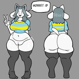 anthro big_breasts big_butt black_eyes blue_clothing blue_topwear bottomless breasts butt clothed clothing dialogue feet female floppy_ears front_view fur genitals gesture grey_background grey_clothing grey_hair grey_legwear grey_thigh_highs hair hand_gesture legwear lop_ears navel rear_view simple_background solo speech_bubble text thick_thighs thigh_highs topwear v_sign vulva white_body white_fur wide_hips yellow_clothing yellow_topwear ribznsfw undertale undertale_(series) temmie_(undertale) tem 1:1 hi_res