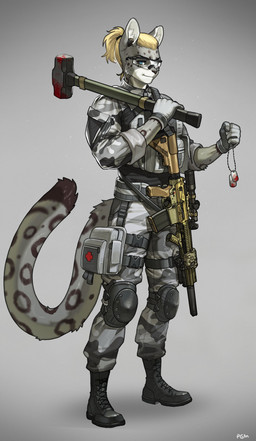 anthro armor bipod blonde_hair blood blood_on_object blood_on_weapon blue_eyes bodily_fluids boots bulletproof_vest camo camo_clothing camo_print clothing d-ring designated_marksman_rifle dog_tags eyebrows eyelashes eyewear footwear fur gloves grey_body grey_clothing grey_fur grey_gloves grey_handwear gun hair hammer handwear holding_object knee_pads laser_sight m4a1 male markings medkit modified_weapon pattern_clothing ponytail ranged_weapon red_cross rifle scope shoes side_release_buckle silencer sledgehammer sling_(weapon) solo spots spotted_body spotted_fur suppressed_weapon tactical_gear tools uniform weapon pgm300 felid mammal pantherine snow_leopard 2026 absurd_res hi_res