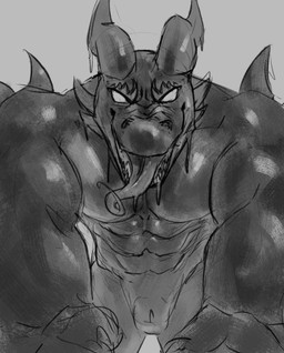 abs animal_genitalia anthro bodily_fluids dripping fangs genital_slit genitals goo_drip horn larger_anthro larger_male licking male muscular muscular_anthro muscular_arms muscular_male pecs sharp_teeth size_difference slime spikes spikes_(anatomy) teeth tongue tongue_out koshquasar mythology devourer_(razor_koopa) dragon goo_creature goo_dragon mythological_creature mythological_scalie scalie 2025 absurd_res hi_res sketch