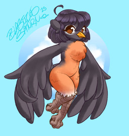 anthro avian_feet beak belly brown_body brown_eyes chest_tuft claws feather_ears feathered_wings feathers female hair looking_at_viewer nude orange_belly simple_background solo text tuft wings blasticussaturn avian bird oscine passerine robin_(bird) 2025 absurd_res digital_media_(artwork) hi_res