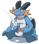 balls blue_body bodily_fluids cum ejaculation erection excessive_cum excessive_genital_fluids genital_fluids genitals male masturbation penile penile_masturbation penis simple_background solo white_background tekimi nintendo pokemon generation_3_pokemon pokemon_(species) swampert signature