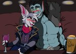 abs alcohol anthro beer_mug belt_buckle beverage big_ears blush buckle chair clothed clothed_humanoid clothed_male clothing cuddling drunk duo ear_blush fangs featureless_chest fingerless_gloves fluffy fluffy_hair fully_clothed fully_clothed_humanoid fully_clothed_male furniture gloves green_eyes hair handwear humanoid_pointy_ears male male/male male_humanoid muscular muscular_humanoid muscular_male on_chair one_eye_closed open_mouth open_smile pecs pointy_ears prick_ears red_blush red_eyes scarf sitting sitting_on_chair smile substance_intoxication teeth topless topless_humanoid topless_male tusks wine wdigni42 harengon humanoid lagomorph leporid mammal orc rabbit vampire hi_res