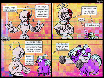 3_fingers ambiguous_feral ambiguous_gender ambiguous_humanoid angry baby_talk blood bodily_fluids brick brick_wall bruised bruised_eye clothed clothed_humanoid clothing dialogue disembodied_hand eye_contact feral fingers fur hair hand_on_cheek looking_at_another narrowed_eyes open_mouth pink_body pink_fur smile squish tail teeth text wall_(structure) white_hair white_tail young young_ambiguous young_feral spacefluff fluffy_pony fluffy_pony_(species) humanoid mammal 2023 4:3 comic digital_media_(artwork) english_text hi_res