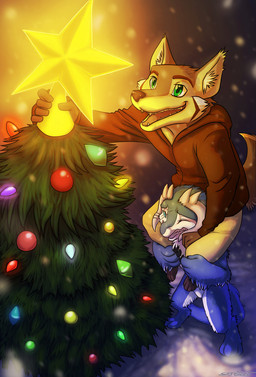 anthro bottomwear carrying_another christmas_bauble christmas_decorations christmas_lights christmas_ornament christmas_star christmas_tree christmas_tree_topper clothed clothing duo feet fully_clothed fur glowing green_eyes high-angle_view hindpaw holidays hoodie horn lights male nude on_shoulders ornament outside pants paws plant scar snow star tail teamwork topwear tree winter wood conditional_dnp sefeiren christmas kasirith_winterbourne sebastian_(kasirith) canid canine canis coyote fenra mammal northern_ice_fenra