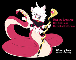 accessory alternate_species anthro apode cloak cloak_only clothing eyelashes fangs femboy forked_tongue furgonomics holding_object holding_staff jewelry legless long_tail male red_body ring scepter serpentine smile smiling_at_viewer snake_staff solo split_form staff tail tail_accessory tail_jewelry tail_ring teeth text tongue unusual_anatomy white_body sentypurr robyn_(sentypurr) domestic_cat draconcopode felid feline felis lamia mammal naga reptile scalie snake absurd_res hi_res url