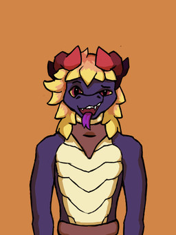 anthro belt bodily_fluids cum ejaculation forked_tongue genital_fluids horn humor kerchief male smile solo tongue tongue_out veucek mythology rigby_the_cat zyrilux dragon mythological_creature mythological_scalie scalie 3:4 animated meme