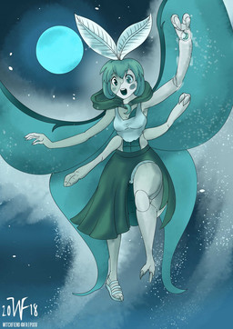 anthro blush bottomwear breasts camel_toe clothed clothing female flying footwear green_eyes green_hair hair happy jewelry looking_at_viewer moon multi_arm multi_limb non-mammal_breasts open_mouth panties sandals shoes short_hair skirt smile solo star transformation underwear wings witchfiend arthropod insect lepidopteran moth 2018 hi_res