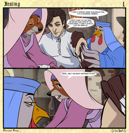 anthro beak blood blood_stain bodily_fluids brooch cleaning clothing dialogue female focused group headdress male narrowed_eyes nobleman open_mouth shirt sitting standing stone_wall text topwear trio wall_(structure) white_clothing white_shirt white_topwear winged_arms wings wound_on_arm wounded yellow_eyes sir_paulus disney robin_hood_(disney) lady_kluck maid_marian pavel_(sir_paulus) avian bird canid canine canis chicken fox galliform human mammal phasianid english_text hi_res