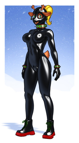 anthro antlers black_clothing black_latex black_skinsuit blonde_hair boots bracelet brown_body brown_fur clothed clothed_anthro clothed_female clothing collar female footwear fur green_eyes hair holidays horn jewelry latex latex_clothing latex_mask latex_skinsuit looking_at_viewer mask shoes skinsuit solo spiked_bracelet spiked_collar spikes tail tight_clothing zipper buffbumblebee christmas deltarune undertale_(series) noelle_holiday deer mammal 2025 hi_res