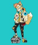 anthro bottomwear chain chest_tuft clothing coat cyan_background dipstick_tail earth electronics footwear fur green_eyes hand_in_pocket hat headgear headphones headwear looking_at_viewer male markings moon music_player orange_clothing orange_hat orange_headwear pants planet pockets radio shirt shoes simple_background solo standing tail tail_markings tan_body tan_fur topwear torn_bottomwear torn_clothing torn_pants torn_shirt torn_topwear tuft yellow_clothing yellow_footwear yellow_shirt yellow_shoes yellow_topwear ccaimeo nintendo pac-man_(series) star_fox fox_mccloud pac-man canid canine fox mammal 2020 5:6 hi_res
