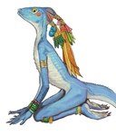 ambiguous_gender anklet anthro blue_body bracelet claws feather_accessory feathers green_eyes jewelry looking_at_viewer membrane_(anatomy) side_view solo mossa warhammer_(franchise) warhammer_fantasy scalie skink_(warhammer_fantasy) 2024 hi_res