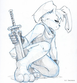 anthro big_feet clothed clothing feet gloves hair handwear hero looking_at_viewer male melee_weapon pantsless pantsless_anthro pantsless_male scarf sitting smile solo sword warrior weapon inkcross lagomorph leporid mammal pooka pooka_(folklore) rabbit hi_res sketch