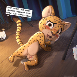 after_rape after_sex anthro balls biped blush bodily_fluids crying cum erection genital_fluids genitals humanoid_genitalia humanoid_penis male penis shota solo speech_bubble tail tears text whiskers young young_anthro young_male comatose disney zootopia jaguar_(zootopia) cheetah felid feline mammal 1:1 2024 absurd_res english_text hi_res