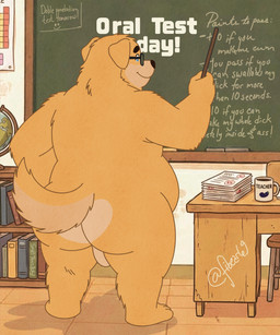 anthro backsack balls biped board chalkboard eyewear fur furniture genitals glasses male male_anthro nude_male overweight overweight_male plantigrade professor solo table tail teacher text wearing_glasses yellow_body yellow_fur fibear magnus_(fibear) canid canine canis domestic_dog mammal english_text hi_res
