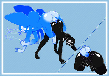 5_fingers all_fours anal anal_penetration backsack balls big_butt black_balls black_body black_penis black_perineum blue_background blue_body blue_wings bodily_fluids border bouncing_balls bouncing_penis butt dialogue dominant dominant_humanoid dominant_male duo erection fingerless_(marking) fingers foreskin genital_fluids genitals gesture glans grey_eyes half-closed_eyes hand_gesture heart_eyes heart_symbol humanoid_on_humanoid humanoid_penetrated humanoid_penetrating humanoid_penetrating_humanoid humanoidized insect_wings lepidopteran_wings looking_at_viewer looking_back looking_down male male/male male_penetrated male_penetrating male_penetrating_male markings middle_finger multiple_angles narrowed_eyes penetration penis perineum precum sex simple_background speech_bubble spots spotted_body submissive submissive_humanoid submissive_male sweat text thrusting top_hole unusual_position white_body white_border white_glans wings notsafewolffa bluesky_(social_media) x_(social_media) animal_humanoid arthropod arthropod_humanoid butterfly_humanoid humanoid insect insect_humanoid lepidopteran lepidopteran_humanoid 2024 english_text hi_res portuguese_text