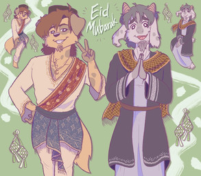 5_fingers 5_toes anthro clothing duo eid_al-fitr feet fingers floppy_ears fur gesture green_background hair hand_gesture hands_together headgear headwear jewelry looking_at_viewer male necklace religion religious_clothing religious_headwear simple_background standing text toes v_sign seismz_dawg islam bovid canid canine caprine goat mammal hi_res