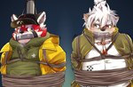 anthro baseball_cap blush bodily_fluids brown_body brown_fur clothing duct_tape_gag duo eyebrows fur gag hair hat headgear headwear heterochromia hoodie male red_body red_fur slightly_chubby solo tears thick_eyebrows topwear white_hair young hamagiato lifewonders tokyo_afterschool_summoners masashi_(tas) zhurong_(tas) ailurid canid canine canis domestic_dog mammal red_panda half-length_portrait hi_res portrait