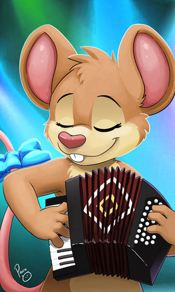 abstract_background accessory anthro bow_ribbon brown_body brown_fur cheek_tuft closed_smile eyelashes eyes_closed facial_tuft female front_view fur furgonomics head_tuft logo mouth_closed nude pink_inner_ear pink_nose pink_tail playing_music ribbons smile solo tail tail_accessory tail_bow tail_ribbon tan_body tan_fur teeth tuft young young_anthro young_female pandapaco mammal mouse murid murine rodent artist_logo half-length_portrait hi_res portrait signature