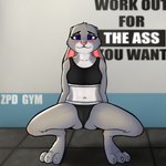 anthro athletic_wear bottomwear camel_toe claws clothing crouching female fur grey_body grey_fur gym gym_bottomwear midriff navel nipple_outline paws purple_eyes solo toe_claws saucycorner disney zootopia judy_hopps lagomorph leporid mammal rabbit 1:1 absurd_res hi_res