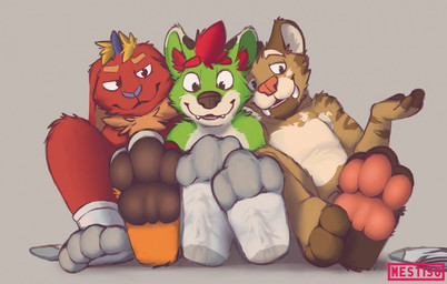 3_toes 4_toes anthro black_eyes blonde_hair brown_body brown_fur claws clothing fangs feet foot_fetish foot_focus foot_play footwear fur green_body green_fur grey_background group hair horn male male/male multicolored_body orange_body orange_fur pawpads paws pink_pawpads red_body red_fur red_hair simple_background sitting smile socks soles tan_body teeth toes trio tuft white_body white_clothing white_fur mestisoart cirez mestiso_(character) zelas_(cirez) canid canine canis felid feline fox lagomorph leporid mammal prehistoric_species rabbit saber-toothed_tiger wolf