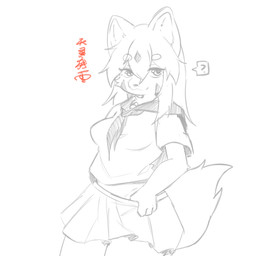 4_fingers anthro big_ears big_tail breasts claws female finger_claws fingers fur hair kemono long_hair looking_at_viewer nude paws small_breasts smile solo tail text canxue canxue_(character) canid canine fox mammal hi_res monochrome signature