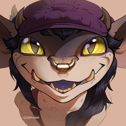 2_horns anthro bangs bare_shoulders black_hair clipped_ear clothing collarbone facial_piercing fangs female female_anthro flat_chested glistening glistening_eyes grin grinning_at_viewer hair hair_over_shoulder happy hat headgear headwear high-angle_view horn leaf looking_at_viewer newsboy_cap nose_piercing nose_ring open_mouth open_smile piercing pupils ring_piercing simple_background smile smiling_at_viewer solo suspenders tan_background teeth teeth_showing text yellow_eyes icepher deadlock_(game) valve ivy_(deadlock) bat demon gargoyle hybrid mammal 1:1 2026 artist_name bust_portrait colored detailed digital_drawing_(artwork) digital_media_(artwork) hi_res portrait shaded signature
