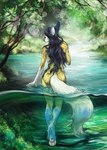 4_toes 5_fingers anthro black_hair breasts clothed clothing day detailed_background eyebrows eyelashes feet female fingers forest grass hair nude outside partially_submerged plant solo standing toes tree waterline_view elkir canid canine fox mammal 2022 digital_media_(artwork) hi_res