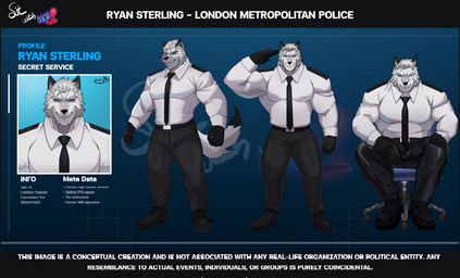 anthro barazoku beard biceps black_bottomwear black_clothing black_footwear black_gloves black_handwear black_necktie black_pants black_shoes black_tail_tip blue_eyes blurred_text bottomwear chair clothing dipstick_tail facial_hair footwear fur furniture gesture gloves grey_hair hair handwear looking_at_viewer male markings muscular muscular_anthro muscular_male necktie office_chair on_chair pants pecs salute shirt shoes sitting sitting_on_chair solo standing tail tail_markings text topwear white_body white_clothing white_fur white_shirt white_topwear nwilara ryan_sterling_(nwilara) canid canine fox mammal 2025 character_name english_text hi_res model_sheet