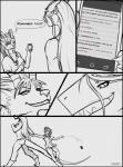 2015 absurd_res anthro arm_grab arun_(tokaido) biped black_and_white blizzard_entertainment canid cellphone clenched_teeth clothed clothing comic dialogue dragon duo electronics english_text evil_grin eye_contact fan_character female fur grin hair hand_holding hi_res horn humor looking_at_another mammal monochrome mythological_creature mythological_scalie mythology paralee_(character) phone question_mark scalie simple_background size_difference smile solo standing tail teeth text tokaido walking warcraft were werecanid worgen