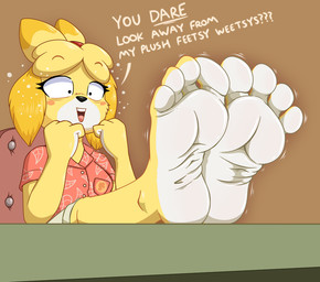 4_fingers 4_toes aloha_shirt anthro barefoot biped black_nose blonde_hair blush bottomwear brown_background chair clothed clothing countershade_feet countershading desk dialogue eyelashes feet feet_on_desk feet_together female fingers fist floppy_ears foot_focus foot_on_table foreshortening fur furniture green_bottomwear green_clothing green_shorts hair humanoid_feet looking_at_self motion_lines office_chair open_mouth pattern_clothing pattern_shirt pattern_topwear plantigrade pockets red_clothing red_shirt red_topwear shirt shorts simple_background sitting soles solo table talking_to_viewer teasing teasing_with_feet teeth teeth_showing text toes tongue topwear unsigned wrinkled_feet wrinkles yellow_body yellow_fur caroo animal_crossing nintendo isabelle_(animal_crossing) canid canine canis domestic_dog mammal shih_tzu toy_dog 2021 digital_media_(artwork) english_text